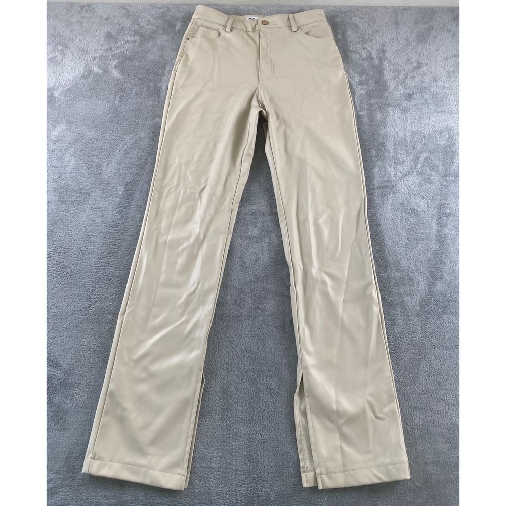 Zara Women Beige Faux Leather High Waisted Split Hem Straight Leg Pants Size 6